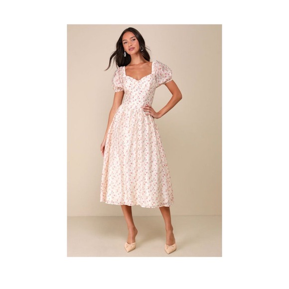 Lulus Dresses & Skirts - Lulus Floral Puff Sleeve Lace Up Back Midi Dress Womens M Ivory Cottagecore